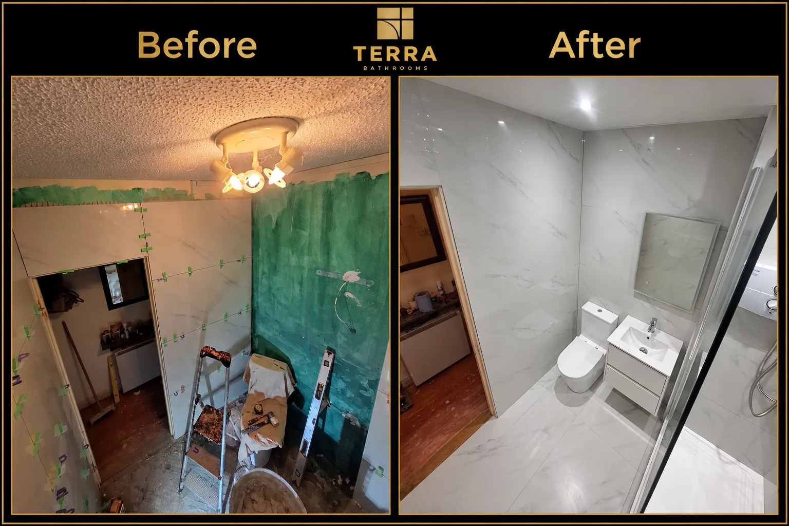 Before and after of a bathroom: before, a stripped room with part-fitted tiles and bare green-painted wall; after, white marble-effect tiles, toilet, wall-hung white vanity, mirror and glass shower screen