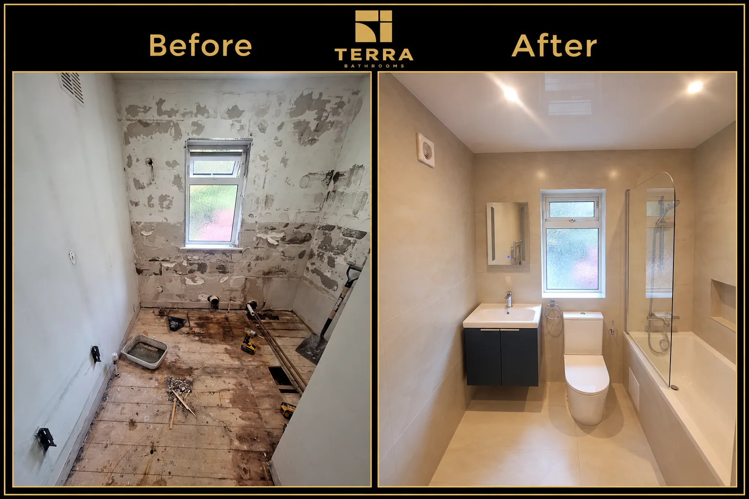 Before and after of a bathroom: before, bare floorboards and stripped walls; after, cream large-format tiles, dark vanity unit, toilet, mirror cabinet and bath with glass shower screen