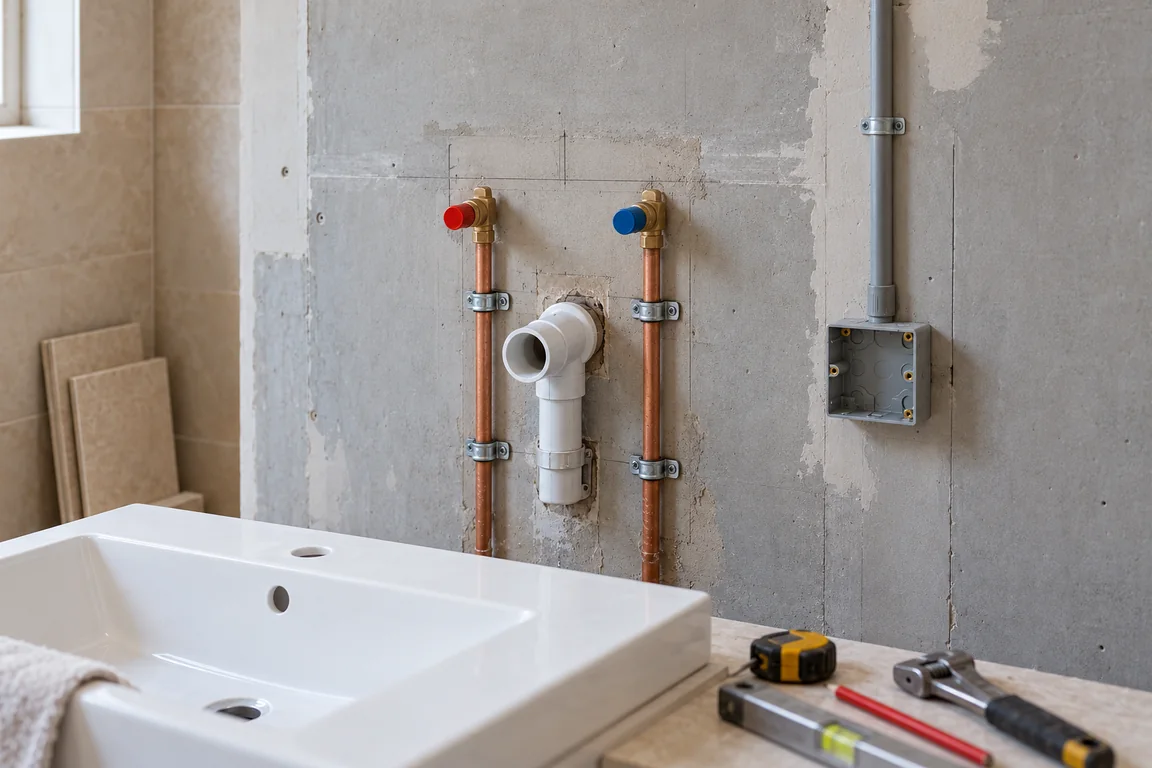 Bathroom installation concept showing plumbing pipework, electrical conduit and a basin.